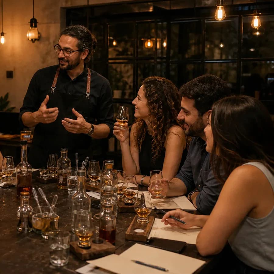 מדריך ומשתתפים במהלך טעימת וויסקי מודרכת